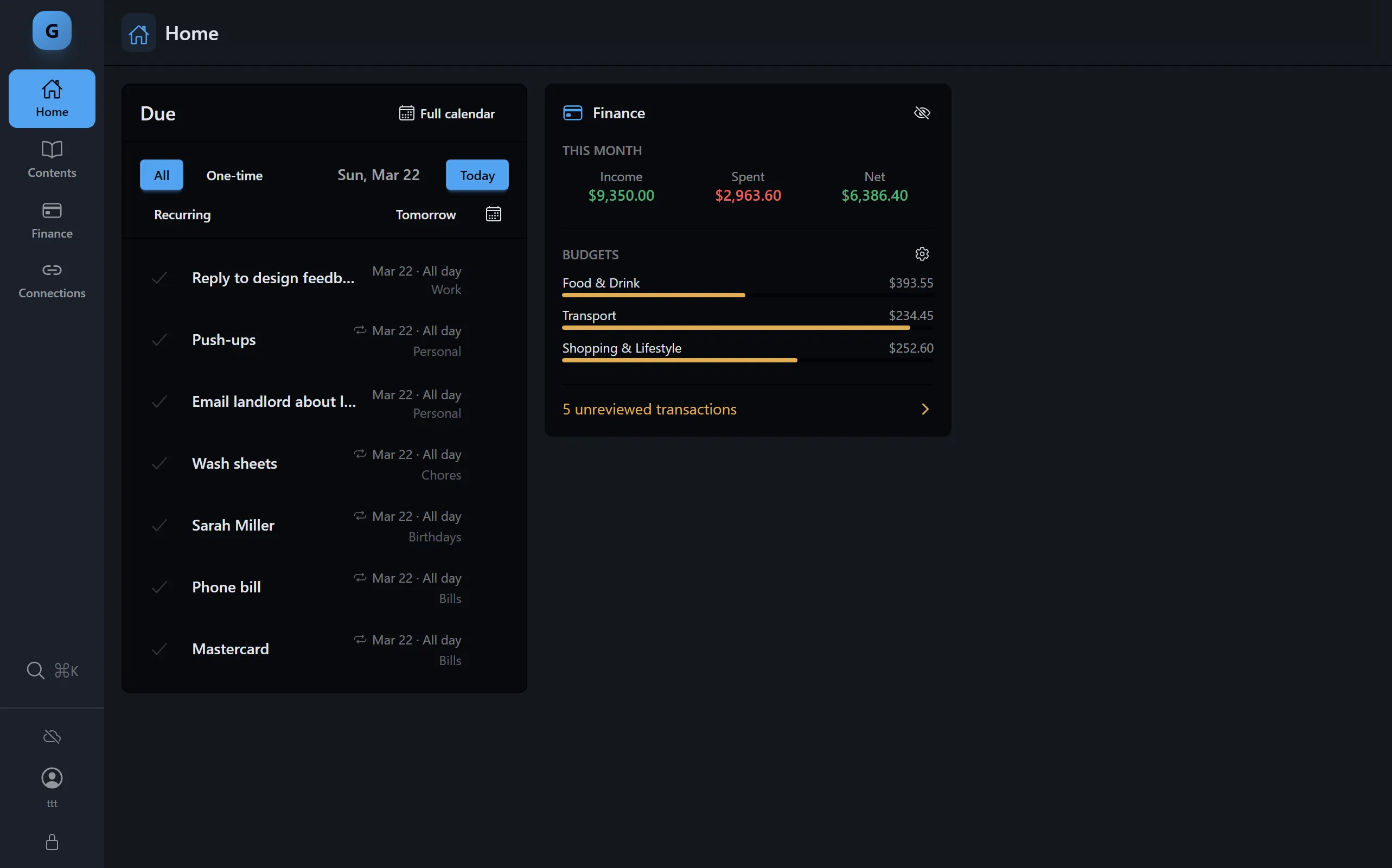 Graspee dashboard — todo list and finance summary